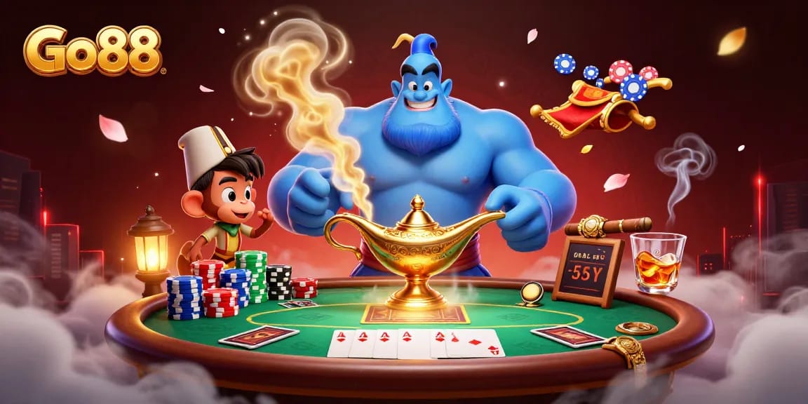 Engage with Go88 as a genie emerges from a lamp, surrounded by casino elements and poker action.