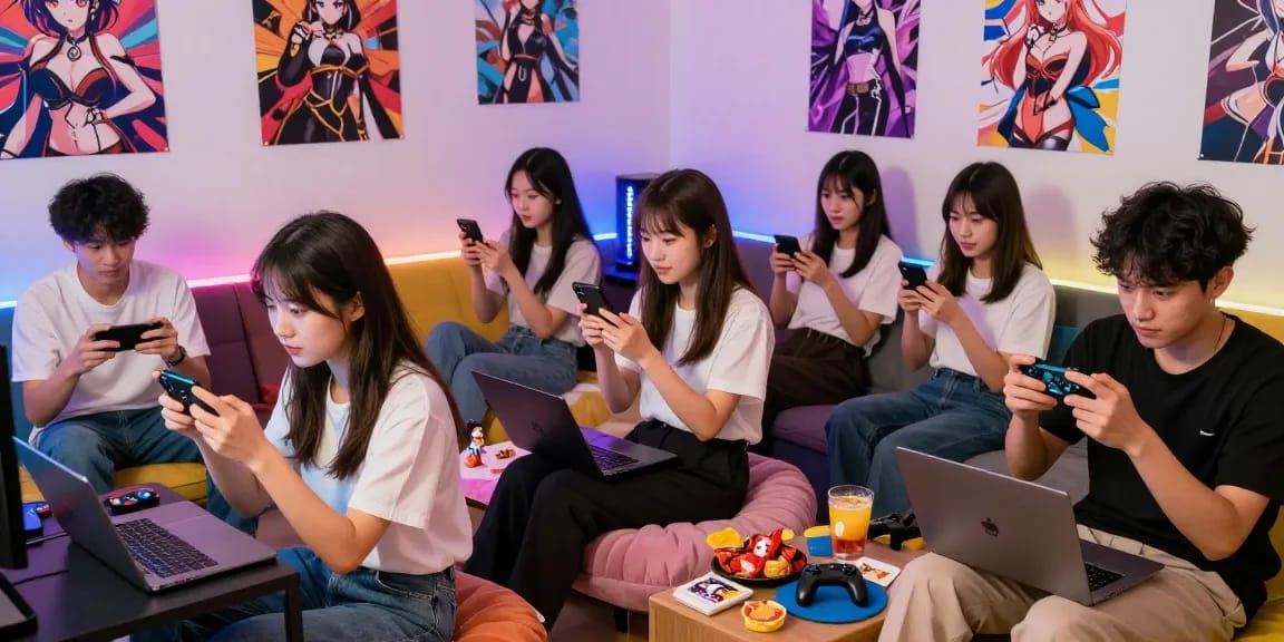 Group of friends enjoying a hentai game session in a cozy lounge.
