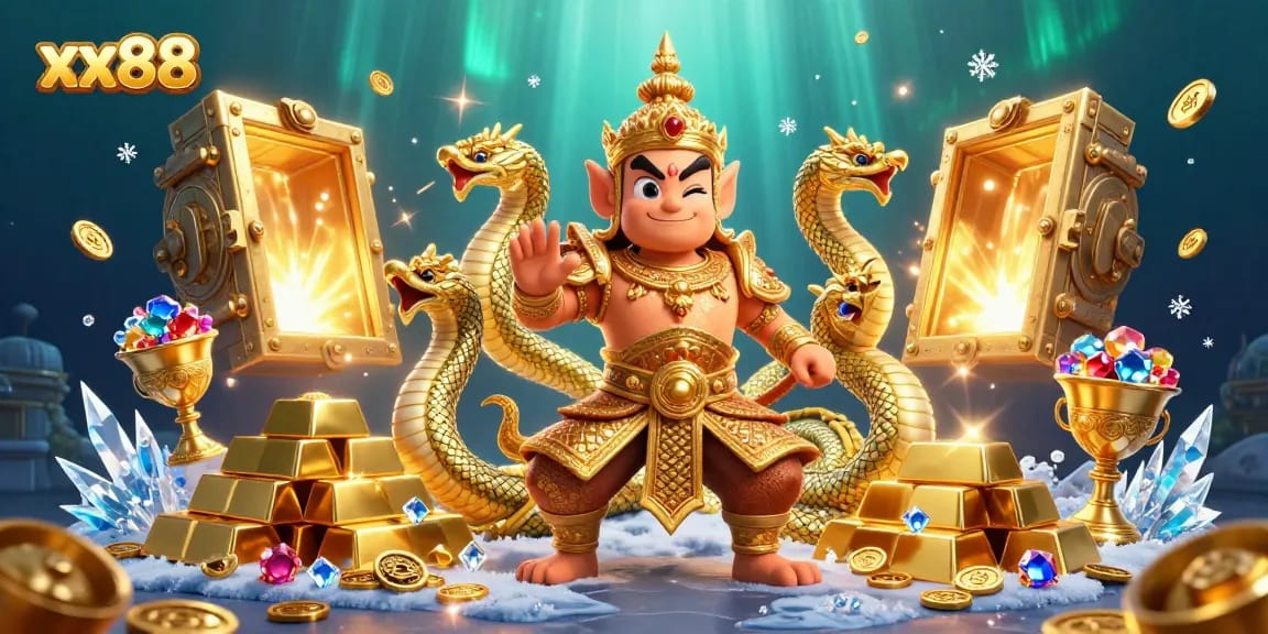 Experience excitement with xx88's dynamic casino treasures featuring golden elements and friendly characters.