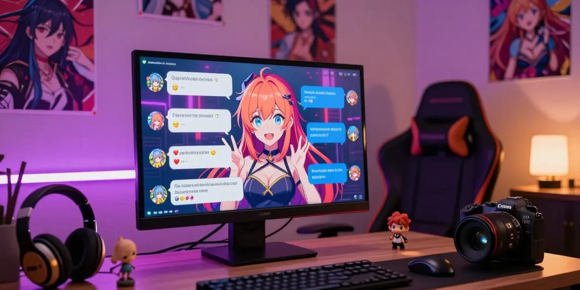 Engaging hentai ai chat interaction with vibrant anime character on screen, cozy gaming setup, and colorful dialogue.