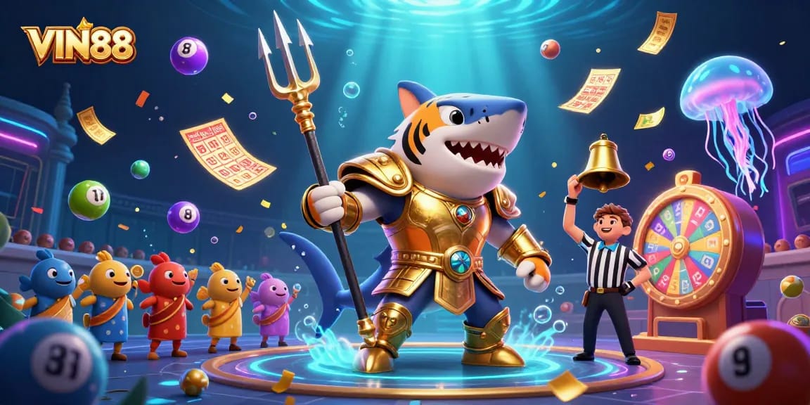 VIN88 creates vibrant lottery excitement with dynamic 3D characters amidst a thrilling underwater scene.