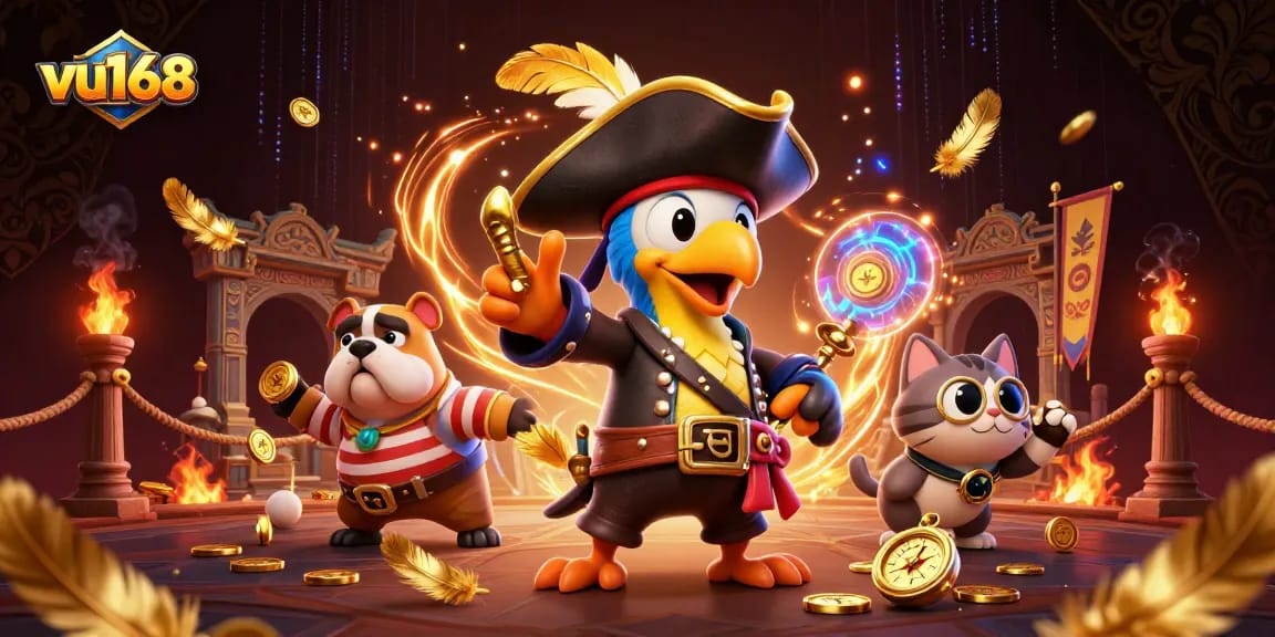 vu168 features a 3D cartoon pirate captain and characters in a dynamic casino-themed scene with vibrant details.