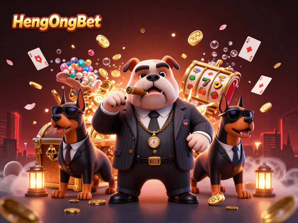 Experience the excitement of HengOngBet with a vibrant 3D casino scene featuring a mafia boss bulldog and treasure-filled underwater elements.