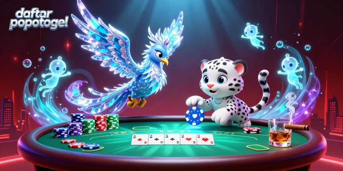 Engage in daftar popotogel excitement as a phoenix and snow leopard play, surrounded by vibrant poker elements.