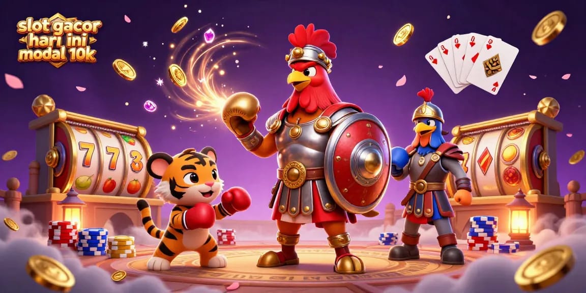 Spin to win with slot gacor hari ini modal 10k, featuring 3D characters and casino elements.