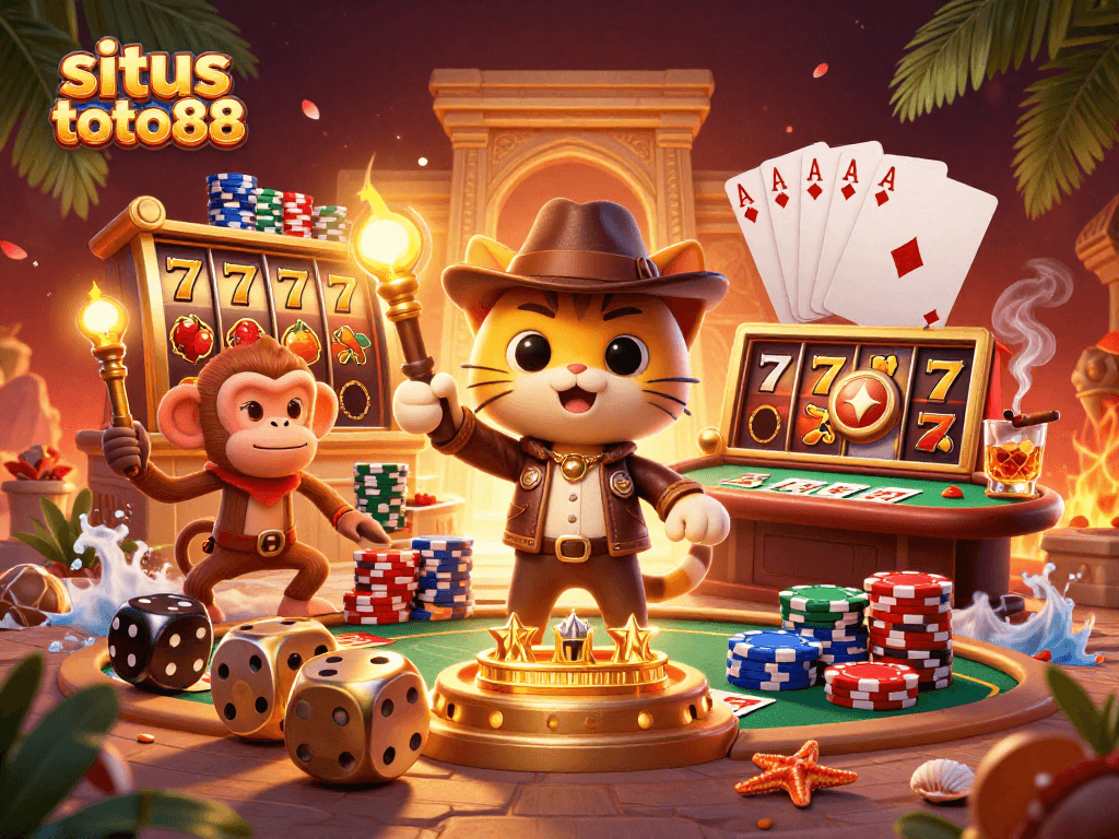 Engage with situs toto88 as a cat explorer discovers a golden casino artifact in a vibrant temple setting.