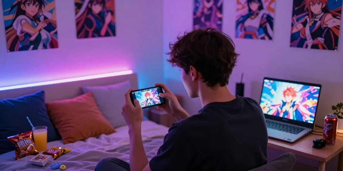 Immersive mobile hentai games experience in cozy bedroom setting with bright gaming interface.