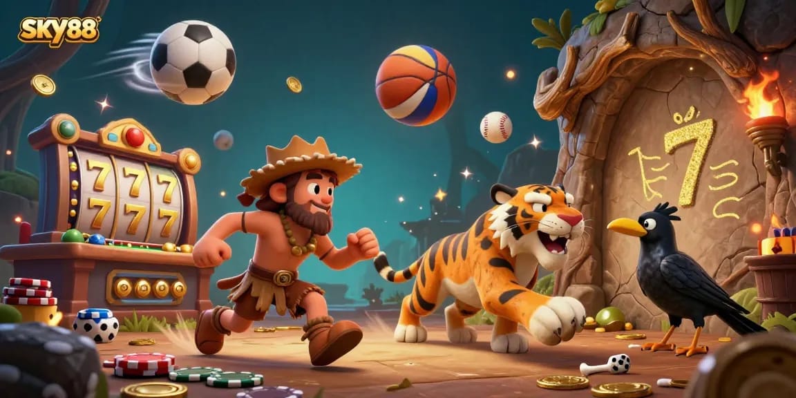 Engage with SKY88 at a vibrant prehistoric casino showcasing energetic gaming with slots and jackpots.