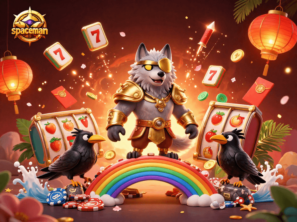 Watch a spaceman character win big at the slot machines, surrounded by vibrant casino elements.