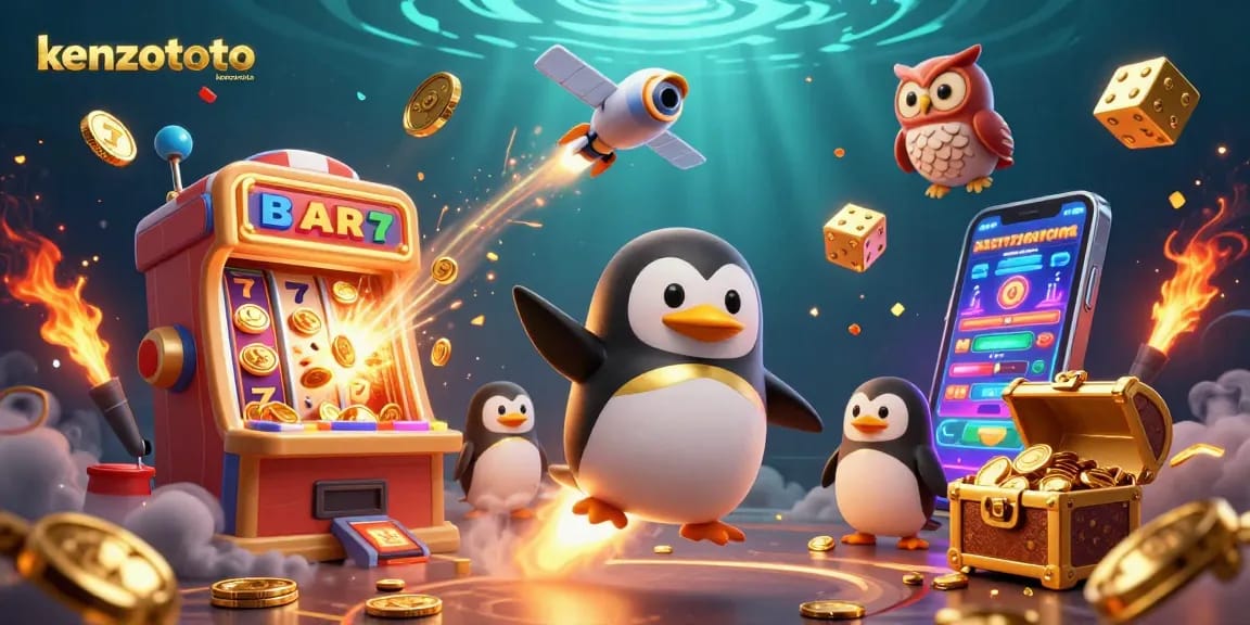 Kenzototo delightfully visualizes gaming excitement with a golden penguin soaring to a jackpot-filled casino space.