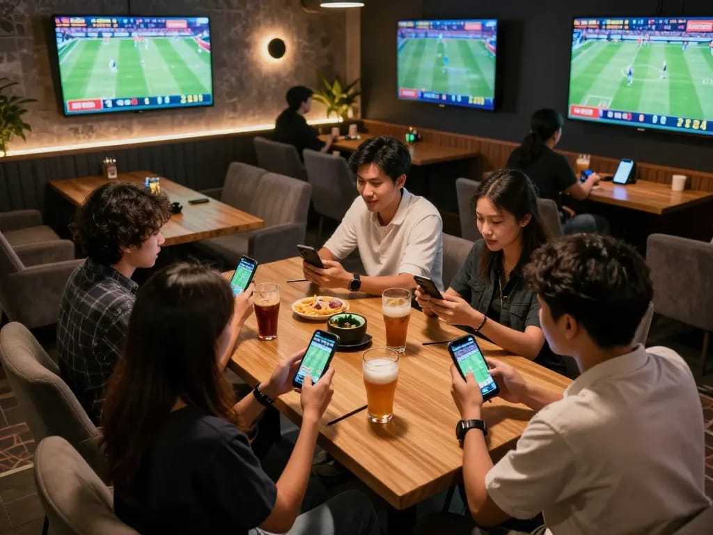 Sports enthusiasts engaged in soi kèo betting strategies while enjoying live games at a modern lounge.