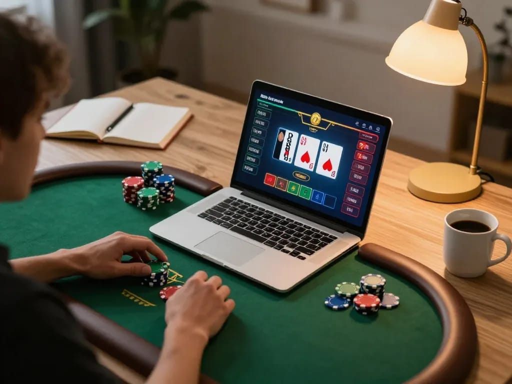 Engaging in a strategic poker game on cm88 using a laptop, showcasing a dynamic gameplay atmosphere.