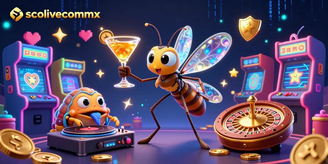Socolivecommx showcases a vibrant 3D illustration of a mosquito casino mascot and unique gaming elements.