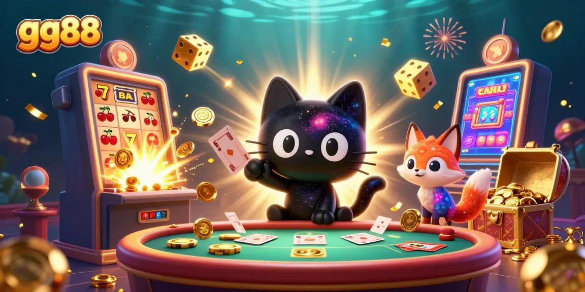 gg88 mobile gaming action features a cosmic cat and fox at a casino table amid vibrant slot machine scenes.