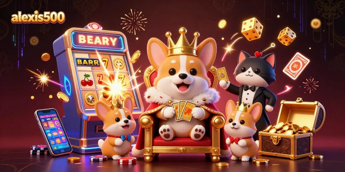 Experience thrilling slots at alexis500 with a royal corgi and a stylish cat butler amidst jackpot excitement.