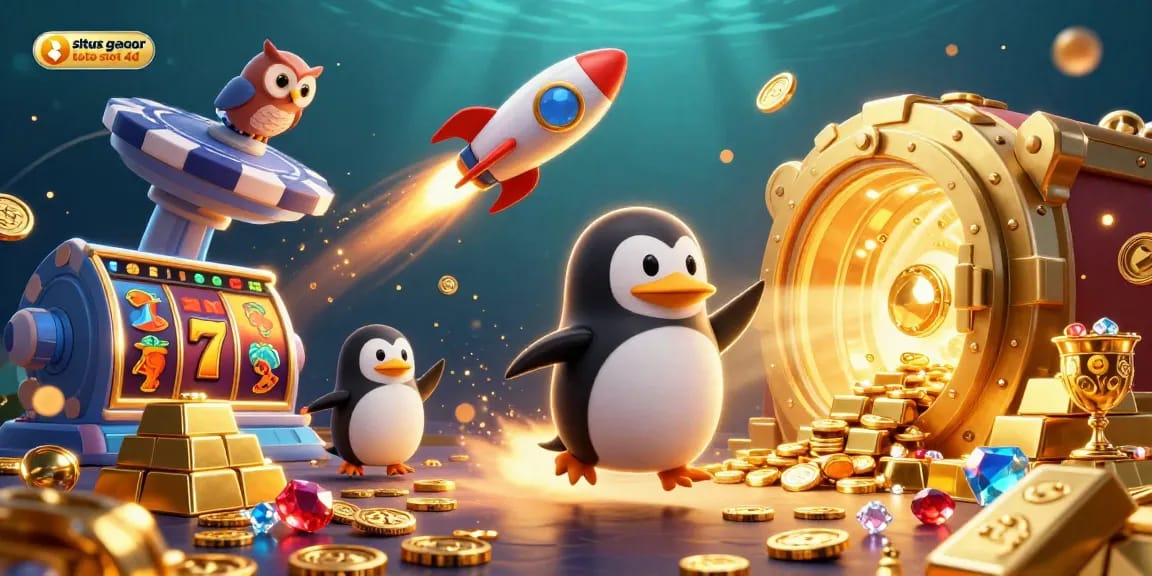 Experience the excitement of situs gacor toto slot 4d with a vibrant visual featuring a dynamic 3D penguin and slot symbols.