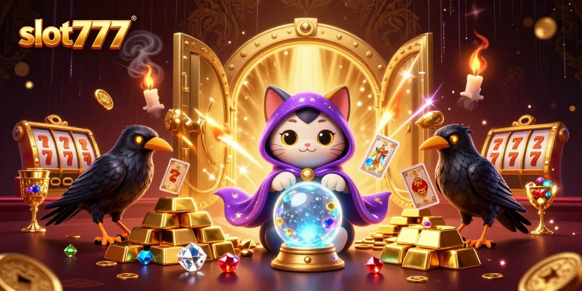 Experience the thrill of slot777 with our dazzling fortune teller and treasure-filled scene.