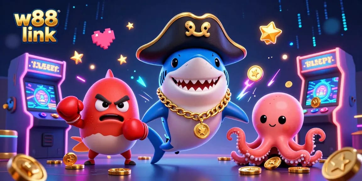 Engage with w88 link in an electrifying 3D casino adventure featuring a pirate shark and friends.