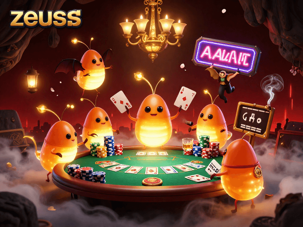 Experience zeus-themed excitement with glowworms lighting up a vibrant cave casino scene.