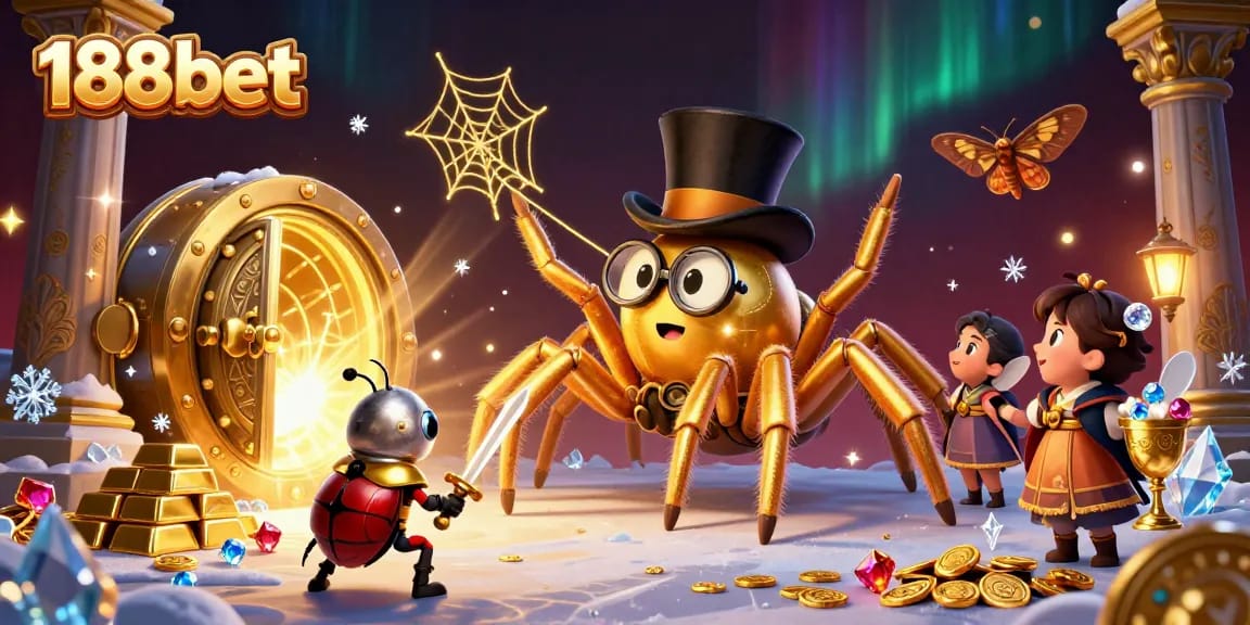 Experience thrilling moments at 188bet with a giant tarantula weaving golden luck in a casino.