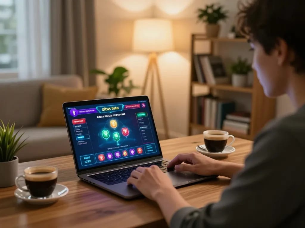 Adegan permainan situs toto online, menunjukkan seorang pemain yang fokus menggunakan laptop untuk terlibat dalam perjudian strategis.