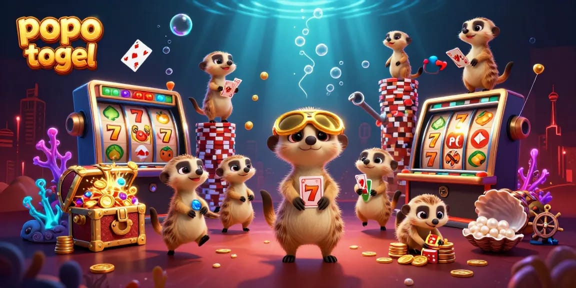 Engage with popo togel in a vibrant 3D illustration of meerkats expertly managing a lively casino scene.