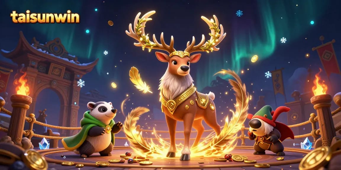 Taisunwin features an enchanting 3D druid stag casting spells amidst coins and mystical energies.