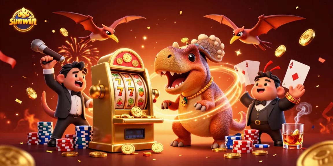 sun-win illustration of a pachycephalosaurus triggering a slot machine jackpot amidst casino chaos