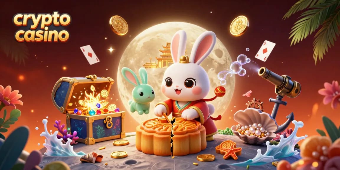 Engage with crypto casino excitement featuring a moon rabbit amidst vibrant gaming elements.