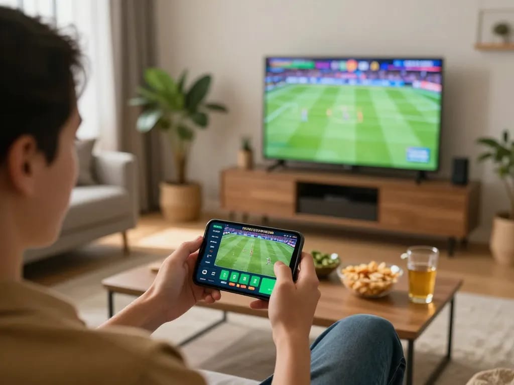 vt88 player engaging with sports betting on smartphone at home with a lively atmosphere