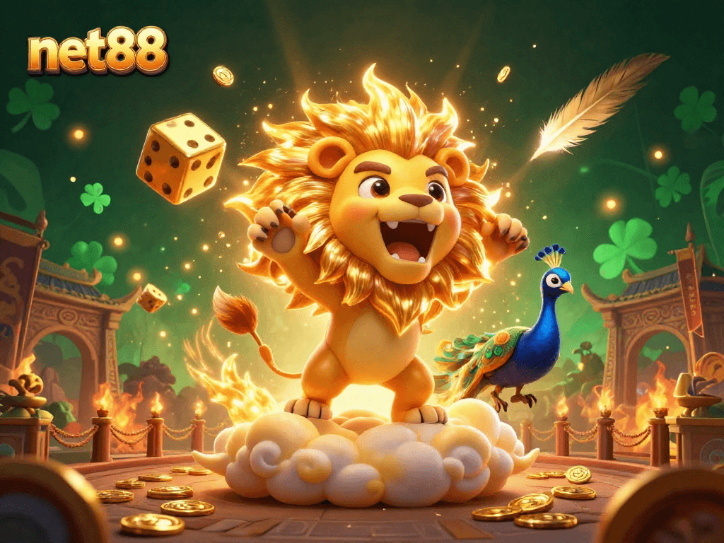 Experience vibrant excitement with net88 in this 3D illustration of a roaring lion amidst casino action.