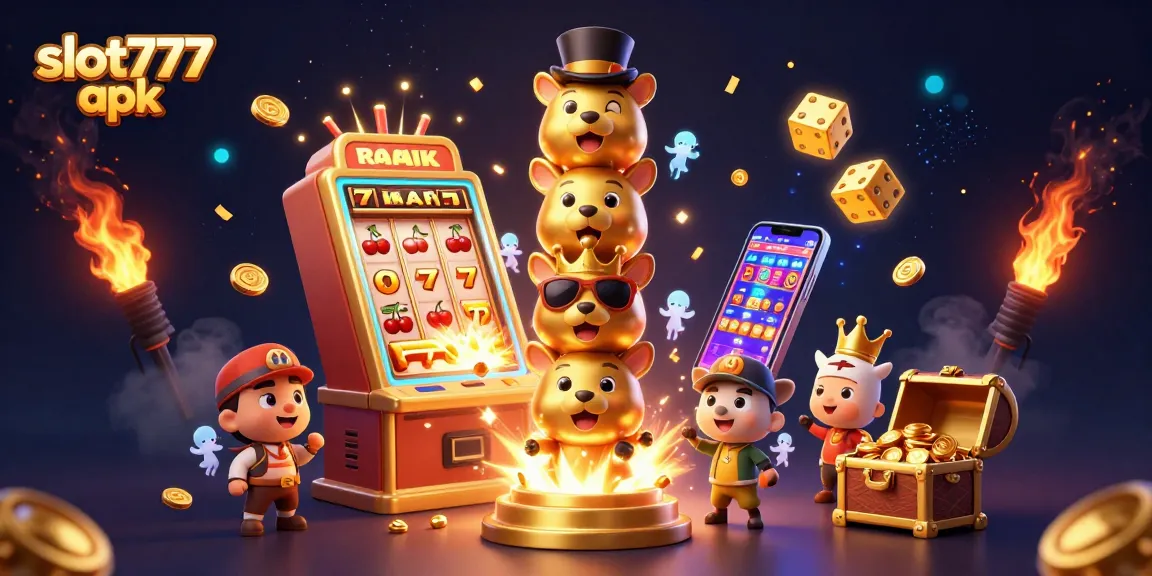 Experience the excitement of winning with slot777 apk's dynamic 3D casino illustration showcasing vibrant symbols and characters.