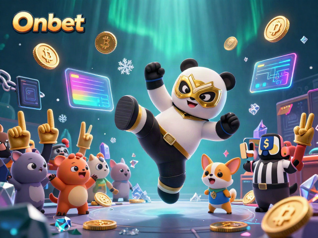Onbet showcases an animated scene of a wrestling panda and cheering animal fans, blending gaming and cryptocurrency elements.