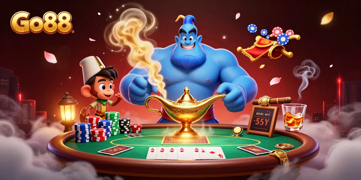 Engage with Go88 as a genie emerges from a lamp, surrounded by casino elements and poker action.