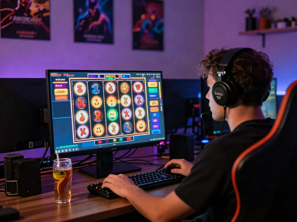 Player excitedly interacting with a colorful toto slot game in a vibrant home gaming setup.