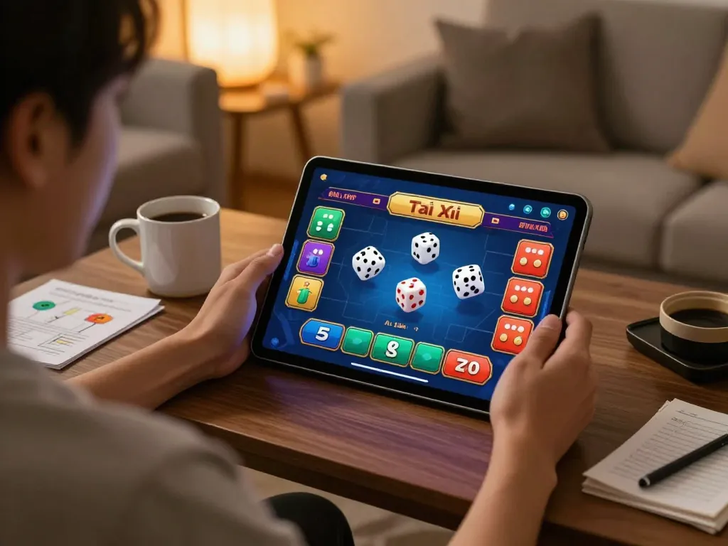 Playing Tài Xỉu online uy tín with a tablet at home for an engaging casino experience.