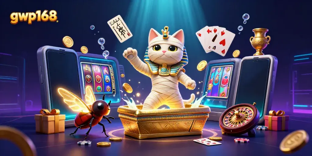 Gwp168 memenangkan jackpot dengan mumi kucing di kasino piramida yang penuh harta.