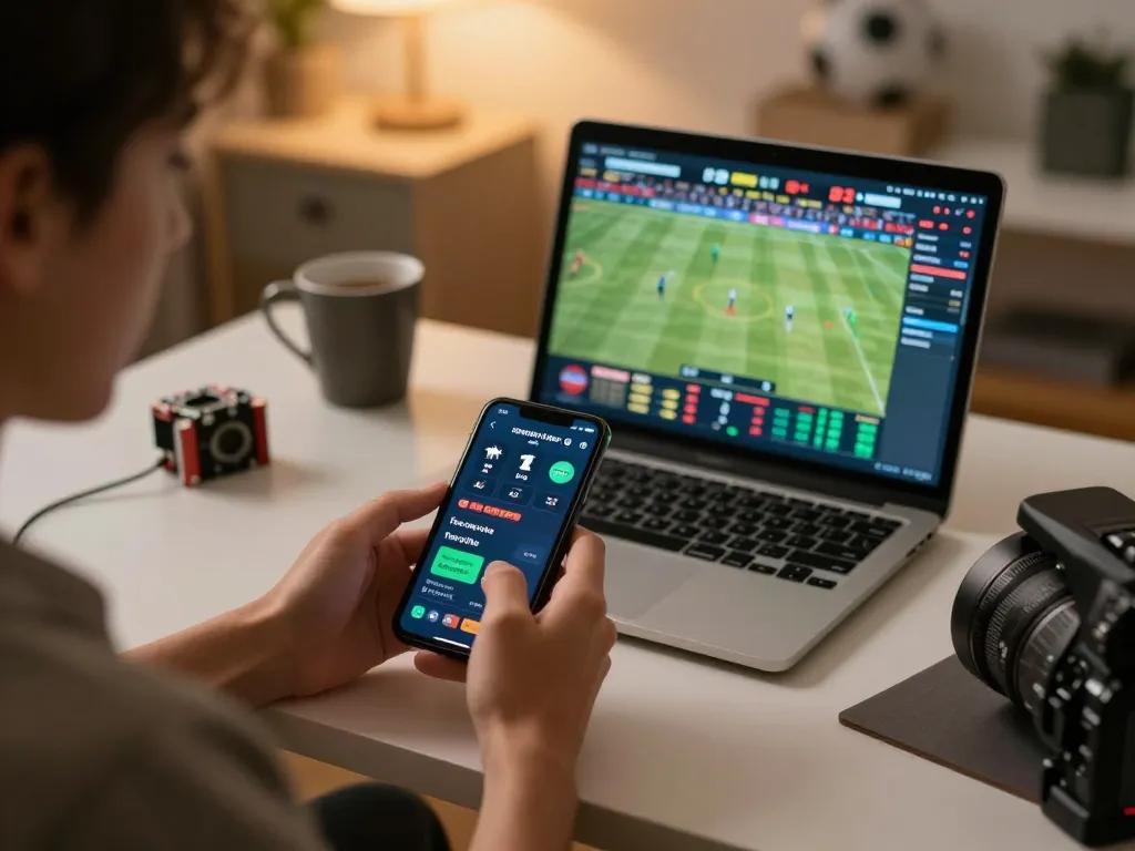 Smartcityhostels user placing a live bet on a smartphone while enjoying a sports game at home