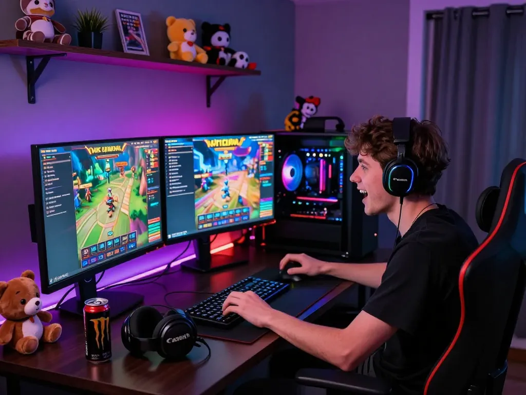 Gameplay menarik dari slot gacor di setup gaming high-end dengan pencahayaan vibrant.