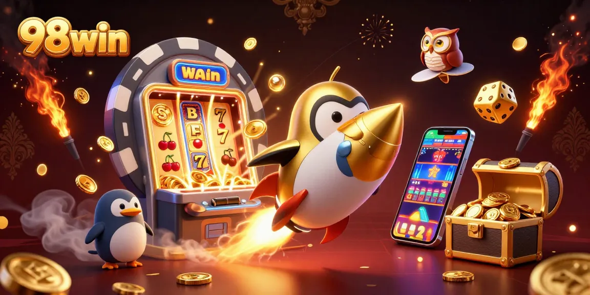 Experience the thrilling adventure with 98win as the golden penguin launches toward a jackpot-filled casino space!