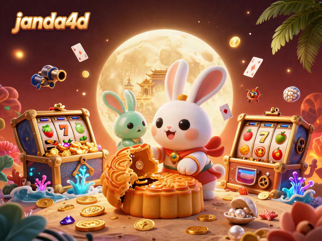 Permainan menarik janda4d dengan karakter kelinci bulan yang sedang menggiling kue bulan di permukaan lunar, menampilkan elemen judi.