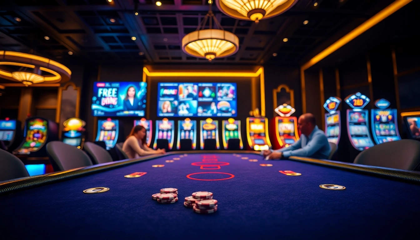 Spieler am Tisch in einem Kasino-Setting auf casinospielen.de mit Neonlicht und lebendiger Atmosphäre.