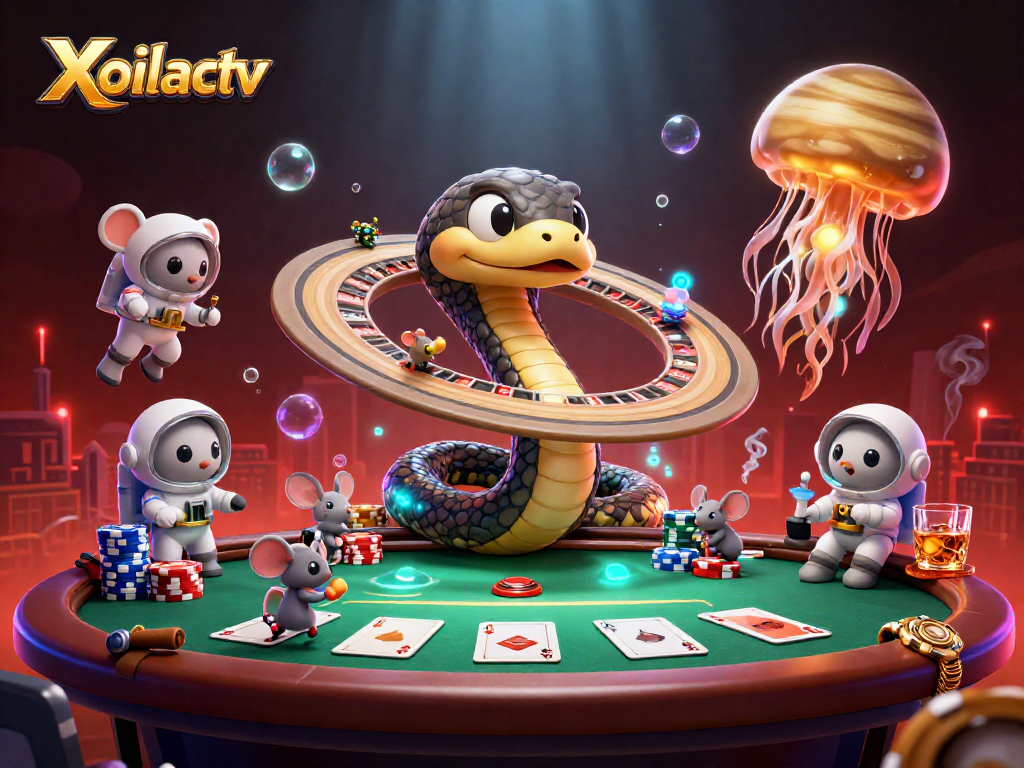 Xoilactv showcases a vibrant cosmic casino scene featuring a Saturn snake and space mice betting.