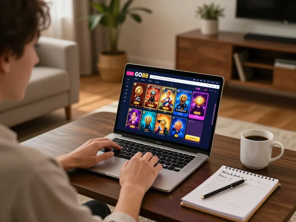 Engaging in GO88 online gaming on a laptop with vibrant interfaces and cozy ambiance