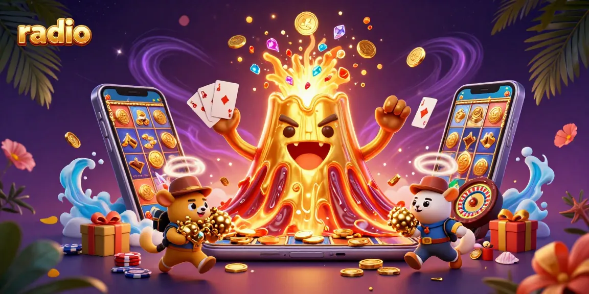 Spin to win with the captivating radio-themed casino scene featuring a triumphant golden volcano and treasure-toting animals.
