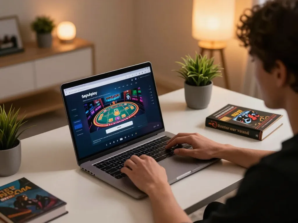 Engaging with Sepuhplay login on a laptop in a cozy modern home gaming setup