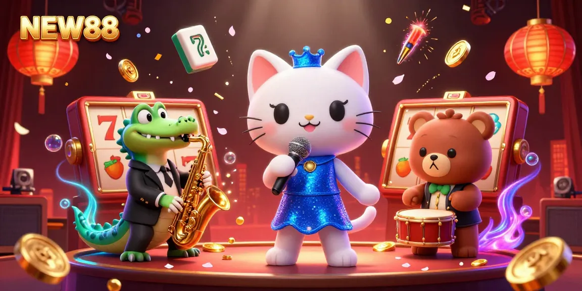 Experience the excitement of NEW88 with lively characters in a vibrant casino scene, featuring slot reels and festive elements.