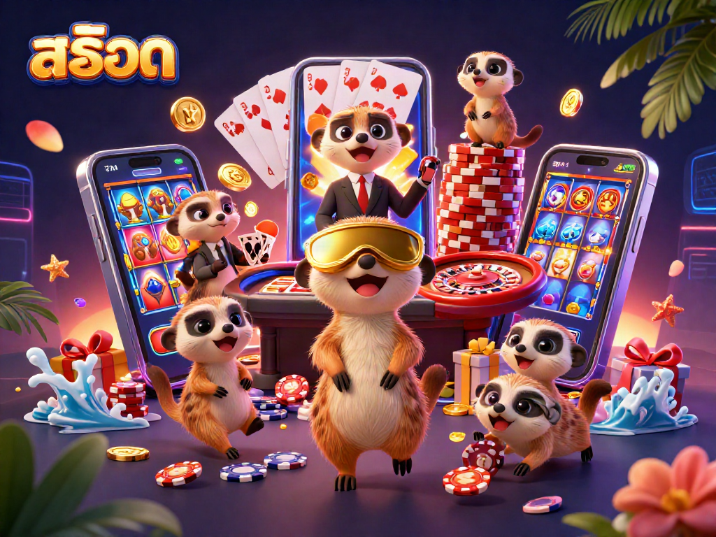 Experience สล็อต with enthusiastic meerkats running a vibrant casino scene, showcasing excitement and rewards.