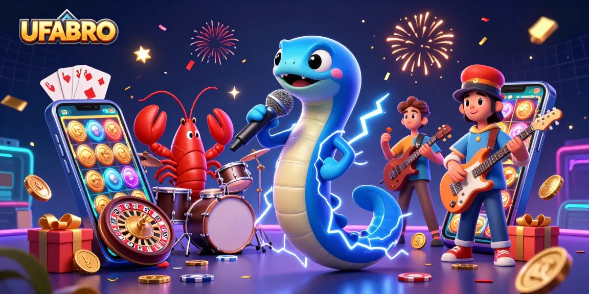 UFABRO features an electrifying underwater casino scene with a DJ eel, captivating slots, and lively characters.