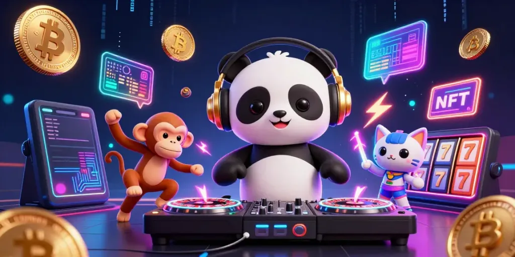 Experience the excitement of a bitcoin casino with vibrant 3D characters and crypto elements!